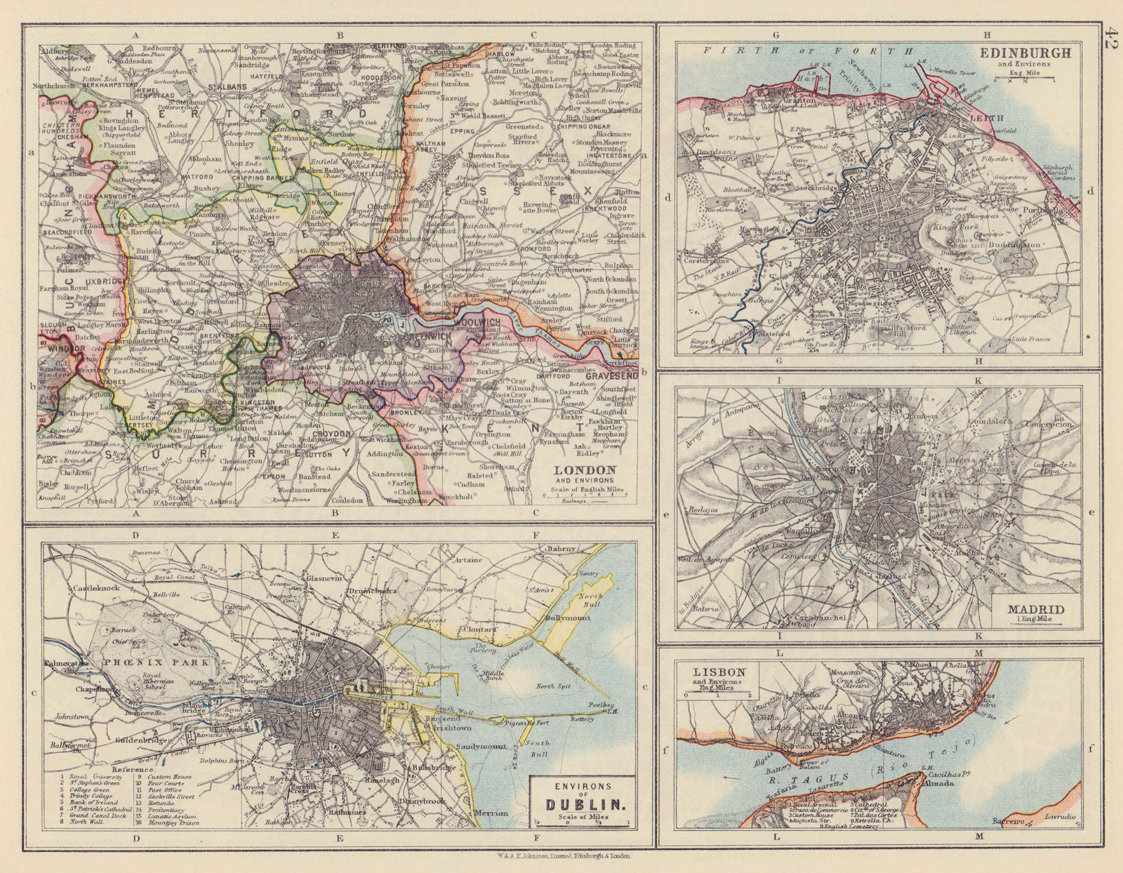 EUROPEAN CITIES. London Edinburgh Madrid Lisbon Dublin. JOHNSTON 1910 old map